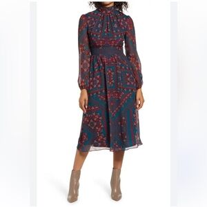 Julia Jordan Tile Print Mock Neck Long Sleeve Midi Dress size 2